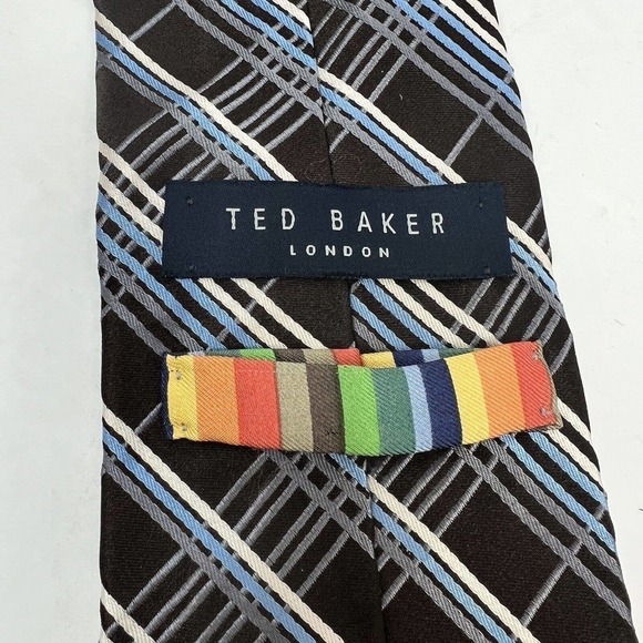 Ted Baker London Brown Blue 100% Silk Neck Tie Plaid - Picture 5 of 6